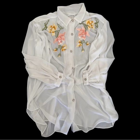 Vintage Natori Top Nightgown White Sheer Blouse floral embroidered - Picture 5 of 10